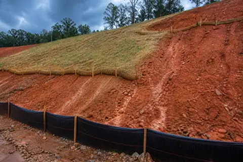 Freshly graded red Piedmont clay protected with contour controls and stabilized cover near High Point